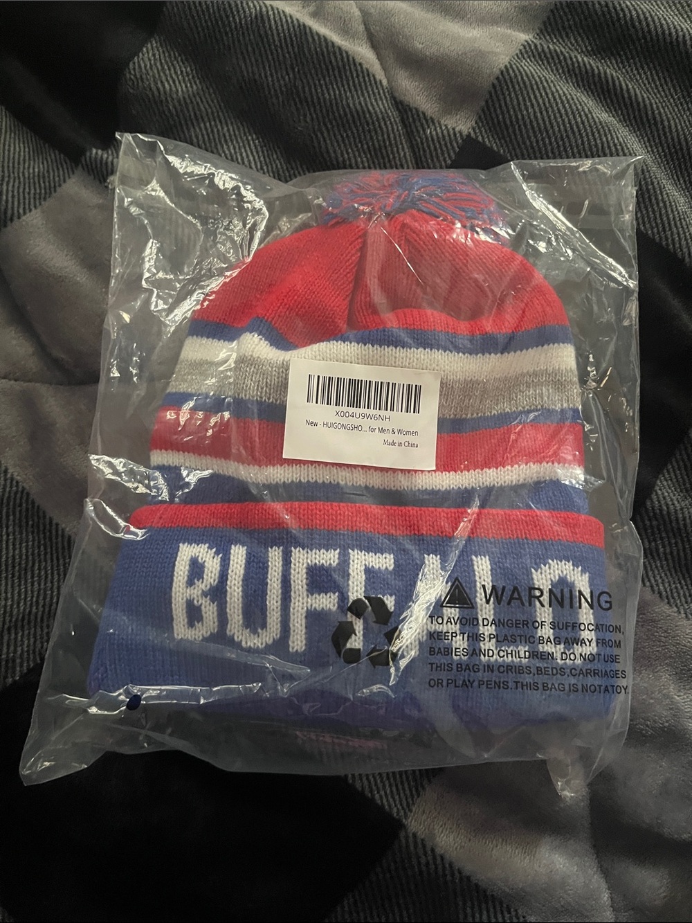 Buffalo Knit Pom Beanie - Red, Blue & White